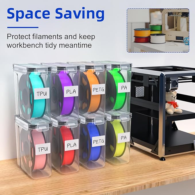 Filament Storage Box - 8 Pack 3D Printing Filament Container with Thick Silicone Seal, Dust-Proof Reusable Organizer with Writable Labels for 1.75mm PLA, ABS, PETG, TPU, PA (9.05"×8"×3") - Image 7