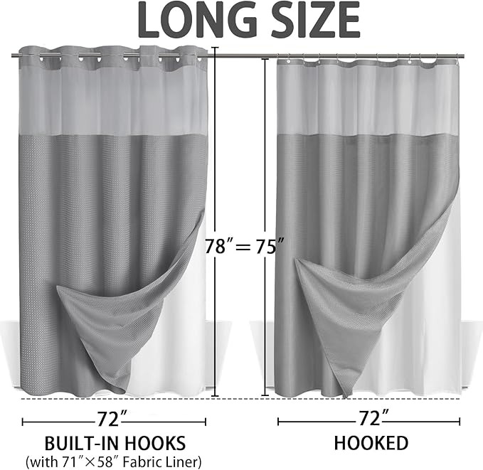 No Hook Shower Curtain and Liner Set,Grey Hotel Waffle Shower Curtain with Liner 78" L x 72" W - Image 6