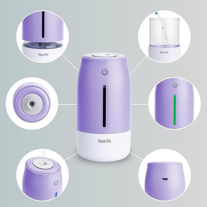 Aqua Glo Personal, Portable Humidifiers for Bedroom – Ultrasonic Cool Mist Humidifier with Built In Rechargeable Battery. Air Humidifier for Baby, Plants, Home, Office, Travel. Lavender - Image 6