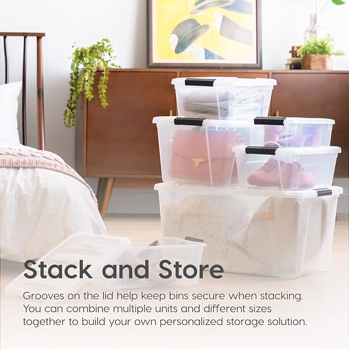 IRIS USA 13 QT Plastic Storage Box with Lid and Latches - 4 Pack - BPA-Free, Discreet Organizing Solution, Durable Nestable Stackable Containers, Secure Pull Handle - Pearl - Image 4