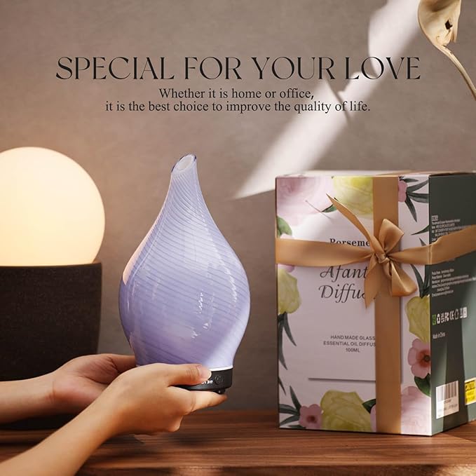 Porseme 150ml Essential Oil Diffuser Glass Color Changing Aroma Air Diffusers Aromatherapy Ultrasonic Cool Mist Humidifier 6 Running Hours Waterless Auto-Off for Sleeping Yoga Office Spa (Pure Purple) - Image 6