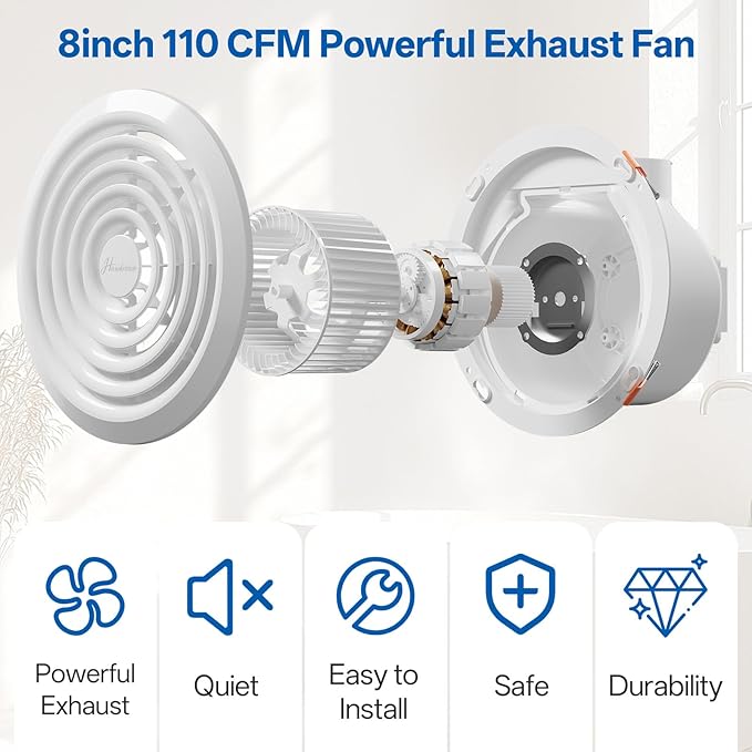 8 Inch Round Bathroom Exhaust Fan，110 CFM 1 Sone Powerful and Quiet Bathroom Ventilation, Replacement for Mobile Home，Through Wall Vent Fan, Easy Install - Image 7