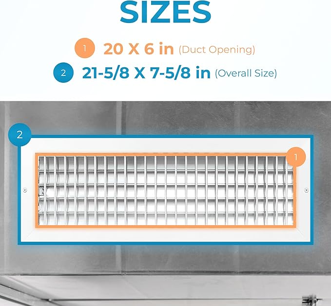 Aluminum 20 x 6 In (Duct Opening) Heater Vent Deflector Wall AC Grille – Premium Register Vent Cover – Durable Rustproof Wall Grille – Overall Size 21-5/8 x 7-5/8 Inch – Adjustable Front Blades, White - Image 3