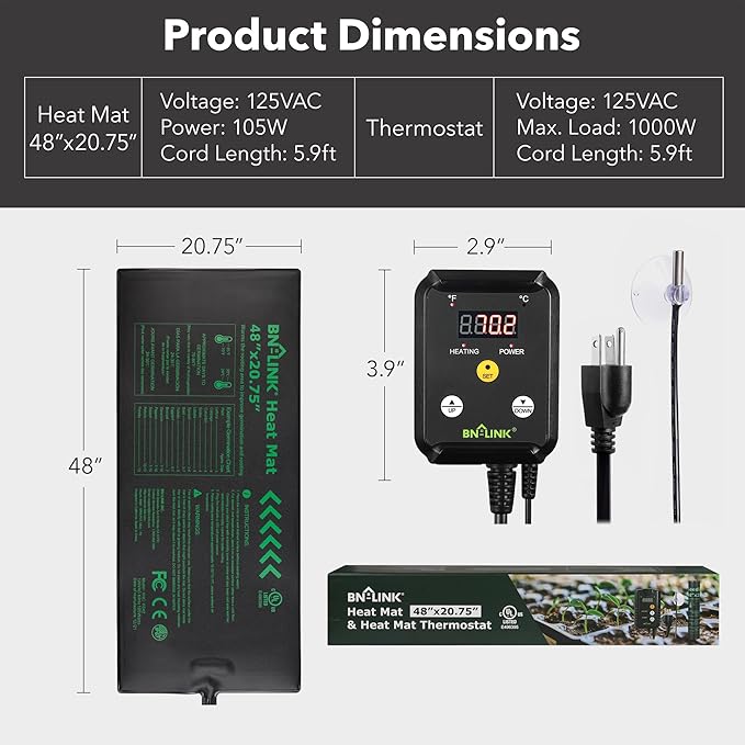 BN-LINK Seedling Heat Mat Heating Pad 48" x 20.75" with Digital Thermostat Controller Combo Set Waterproof for Indoor Seed Starting and Plant Germination - Image 2