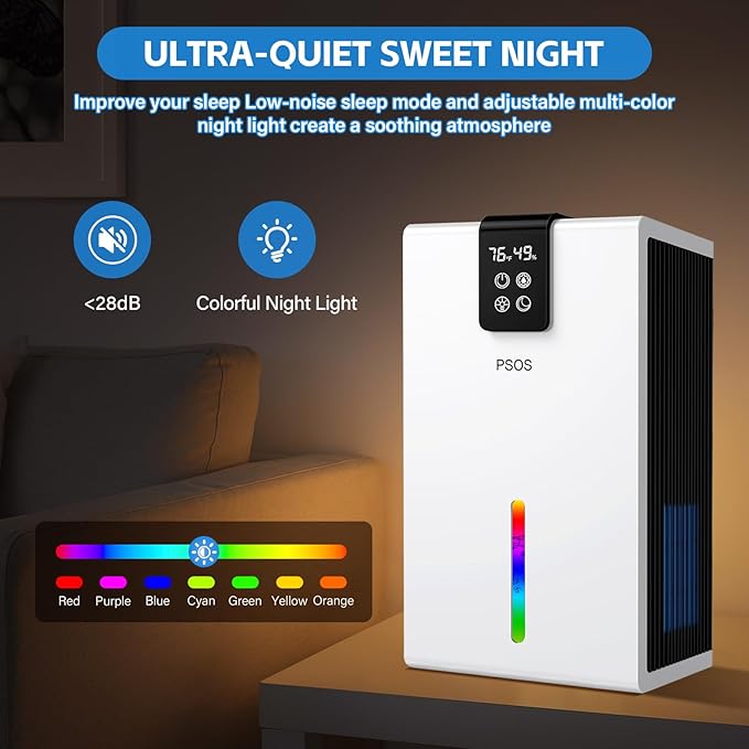 Dehumidifier, Dehumidifiers for Home, 98 OZ Water Tank, (1000 sq.ft) Quiet Dehumidifier for Basement Bathroom Bedroom with Humidity Display, Auto Shut Off, Relaxing 7 Color Ambient Light(White) - Image 5