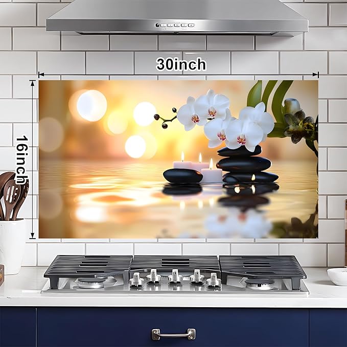 NYZE Kitchen Backsplash Stickers Waterproof Stove Backsplash Protector, 30 X 16 inch Removable Kitchen Wallpaper with Wall Art Decor for Stove Cooking Area(Orchid & Stacked Stones) - Image 2