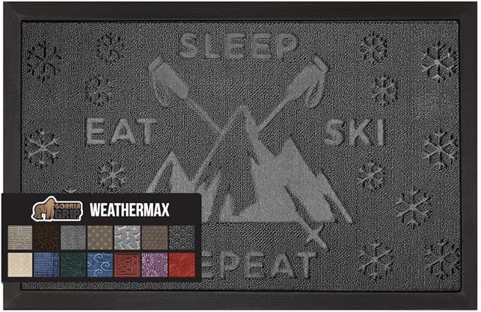 GORILLA GRIP 100% Waterproof All-Season WeatherMax Doormat, US Designed Natural Rubber, Stain and Fade Resistant, Low Profile Indoor Outdoor Door Mats, Easy Clean Patio Mat, 17x29, Graphite Skiing by GorillaGrip