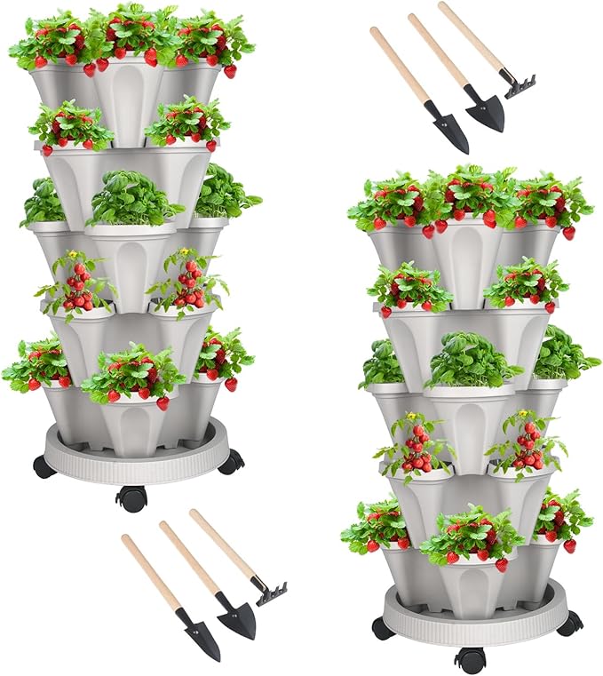 DUNCHATY Stackable Planter, Vertical Garden Planter with Wheels and Garden Tools, Strawberry Planter Indoor/Outdoor 5 Tier Herb Planter Pots for Growing Vegetables and Succulents,Gray by DUNCHATY