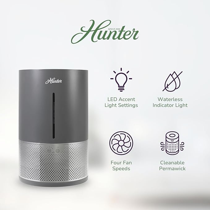 HHE150 Hunter Aspire 4.8L Evaporative Humidifier with PermaWick Filter (4.8L) - Remove Contaminants & White Dust for Clean Mist & Air – Medium Humidifier for Home, Bedroom, or Dorm - Graphite - Image 4