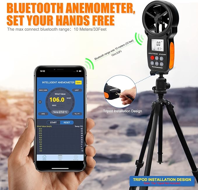 Bluetooth Anemometer,CFM Air Flow Velocity Tester, Digital Wind Speed Gauge Meter with 14℉-113℉ Wind Temperature Measuring and USB Data Export - Image 6