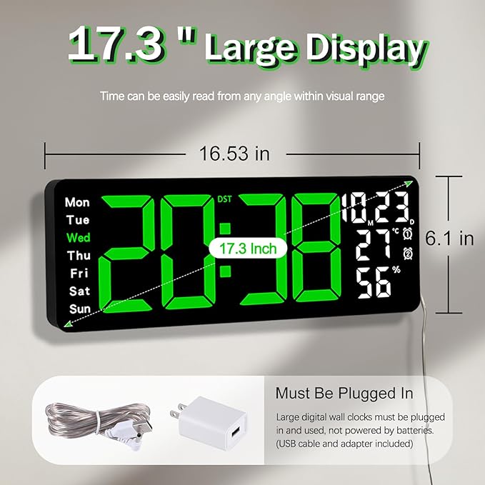JoFomp 17.3" Large Digital Wall Clock, LED Digital Clock Large Display with Remote Control, Alarm Clock with Temp/DST/Dimmer/Humidity/Timer/Ambient Light - 12/24H, Alarm Wall Clock for Bedroom - Image 2