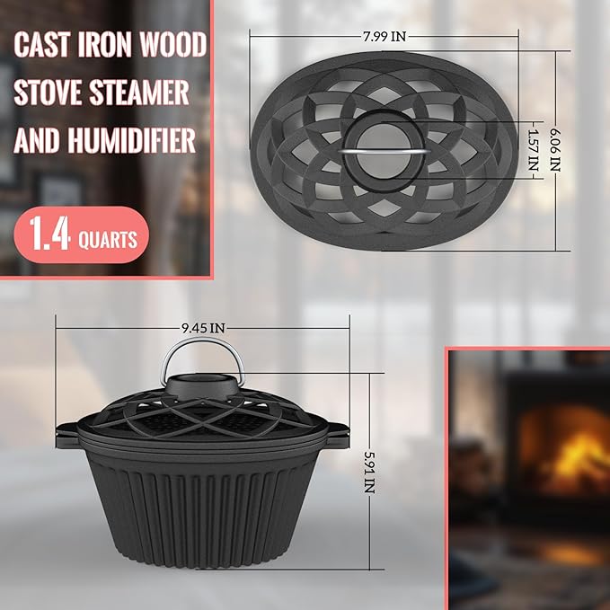 Wood Stove Steamer & Cast Iron Humidifier, 1.4 Qt Fireplace Simmer Pot with Cast Iron Trivet, Dual-Layer Design for Steaming, Humidifying and Stove Protection (Ellipse-1) - Image 8