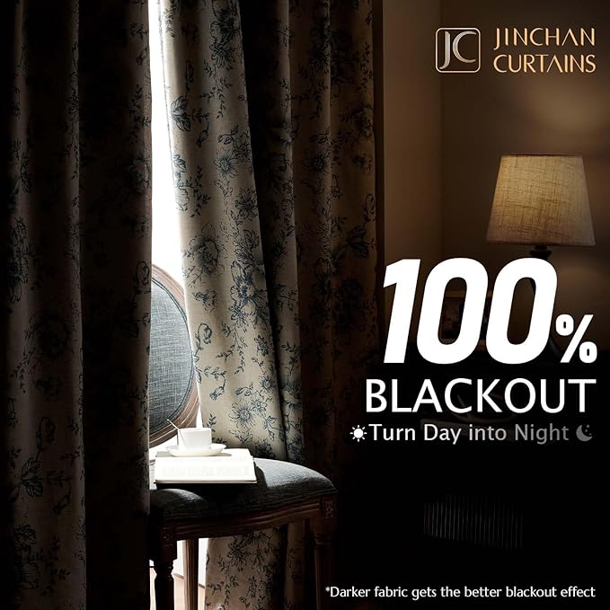 jinchan Blackout Linen Blend Curtain Floral Blackout Curtains for Living Room 90 Inch Length Blue Printed with Lined Blackout Curtain for Bedroom Farmhouse Curtains Set 2 Panels - Image 2