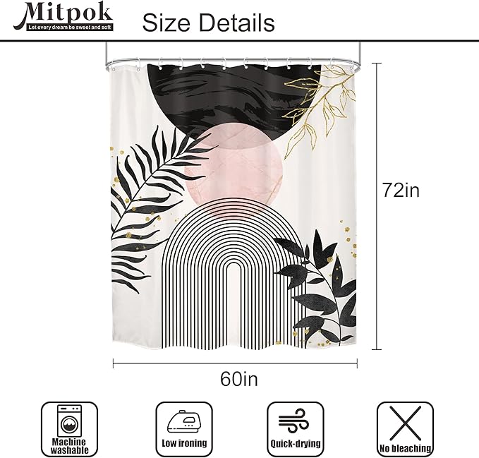 Black Pink Boho Shower Curtain Mid Century Modern Abstract Bohemian Minimalist Gold Leaves Sun Arch Geometric Plant 60Wx72H Bathroom Decor Neutral Bath Curtain Fabric Polyester 12 Pack Hooks - Image 5