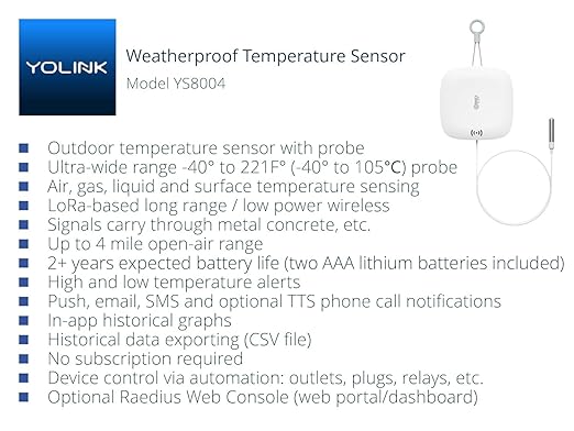 YoLink Weatherproof Fluid, Air, Surface Extreme High/Low Temperature Sensor with Probe, 1/4 Mile Long Range, YoLink Hub Required - Image 2