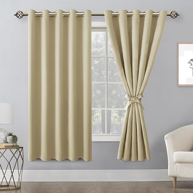 Hiasan Grommet Blackout Curtains for Bedroom, 60 x 72 Inches - Thermal Insulated & Light Blocking Window Drapes for Living Room/Dorm Room, Set of 2 Panels Sewn with Tiebacks, Light Beige - Image 2