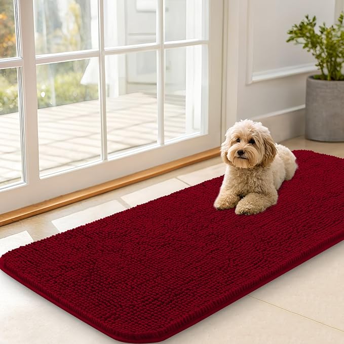 OLANLY Dog Door Mat for Muddy Paws 47x20, Absorbs Moisture and Dirt, Absorbent Non-Slip Washable Doormat, Quick Dry Chenille Mud Mat for Dogs, Entry Indoor Entryway Carpet for Inside Floor, Red by OLANLY