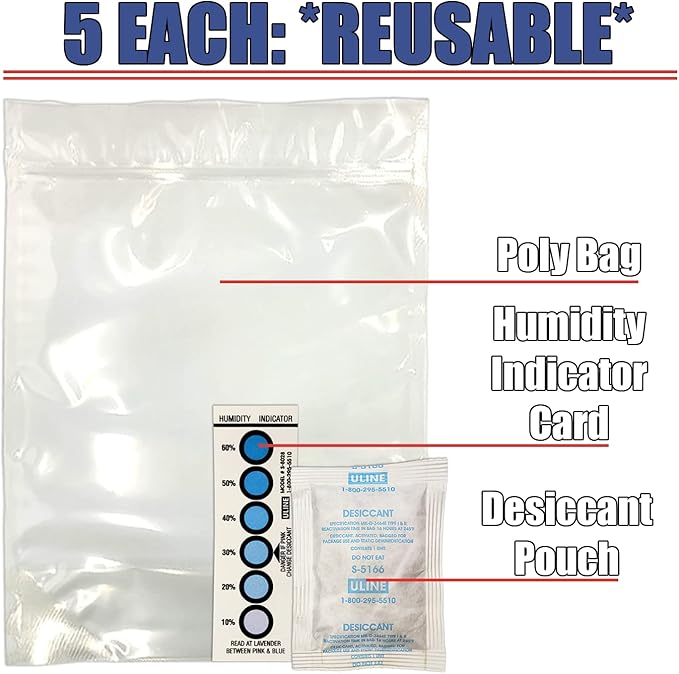 3D Printer Filament Storage Kit (Pack of 5) Includes: 5 Resealable Nylon/LDPE Gusseted Plastic Bags, 5 Large Oversize Rechargeable Clay Desiccant Drying Packs, 5 Humidity Indicator Cards - Image 2