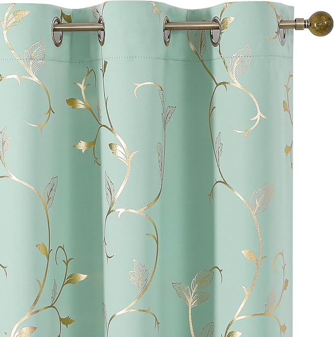 BUHUA Blackout Curtains Gold Foil Print Flower Vine Grommet Drapes, Room Darkening Thermal Insulated Curtains, Noise Reducing Blackout Curtain for Bedroom, Aqua, 38Wx72L, 2 Panels by BUHUA