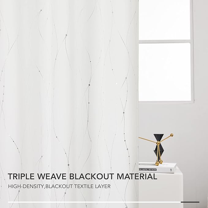 Deconovo Room Darkening Curtains, Pure White Curtain, Thermal Insulated Noise Reduced Drapes, Silver Wave Dots Print, 52 x 108 Inch Long, Machine Washable Window Panels for Patio Door, Set of 2 - Image 5