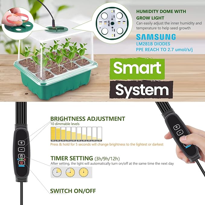 Seed Starter Tray 5 Packs Seedling Starter Trays with Grow Light 8 LEDs, Timer, Dimmable, Seed Starting Trays Kit with Humidity Dome (60 Cells) Indoor Gardening Plant Germination Tray - Image 2