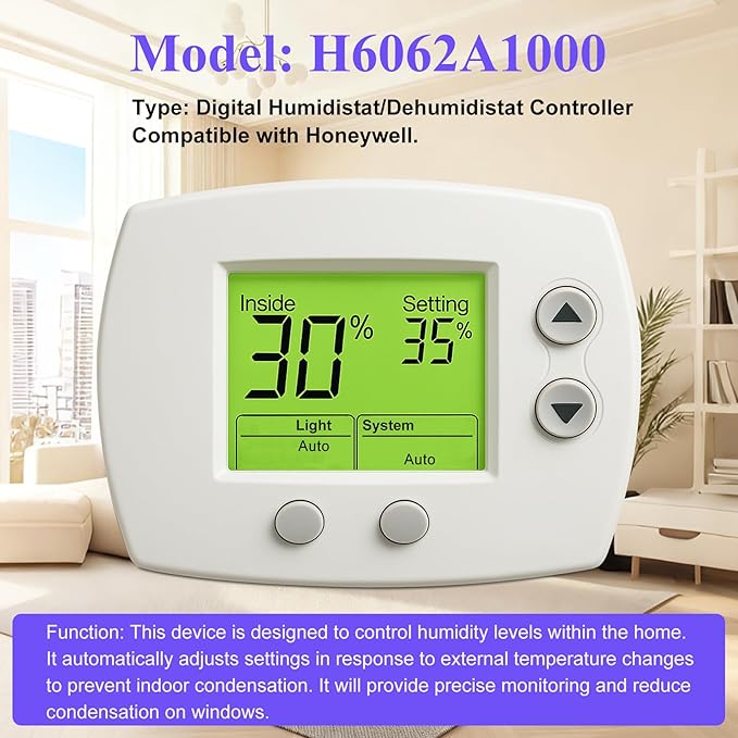 H6062A1000 Digital Humidistat/Dehumidistat Compatible with Honeywell H6062A1000 HumidiPro, OEM Upgrade H6062A1000/U Digital Humidistat, Smart LCD Display Humidity Control for Home and Indoor. -2 Year - Image 2