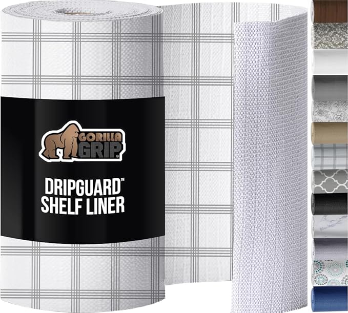 GORILLA GRIP DripGuard Shelf Liner, Non-Adhesive Drawer and Kitchen Cabinet Protector, Strong Grip Slip Resistant Underside, Smooth Surface Liners for Cabinets, Closets, 17.5x240 In, Stripe Gray White by GorillaGrip