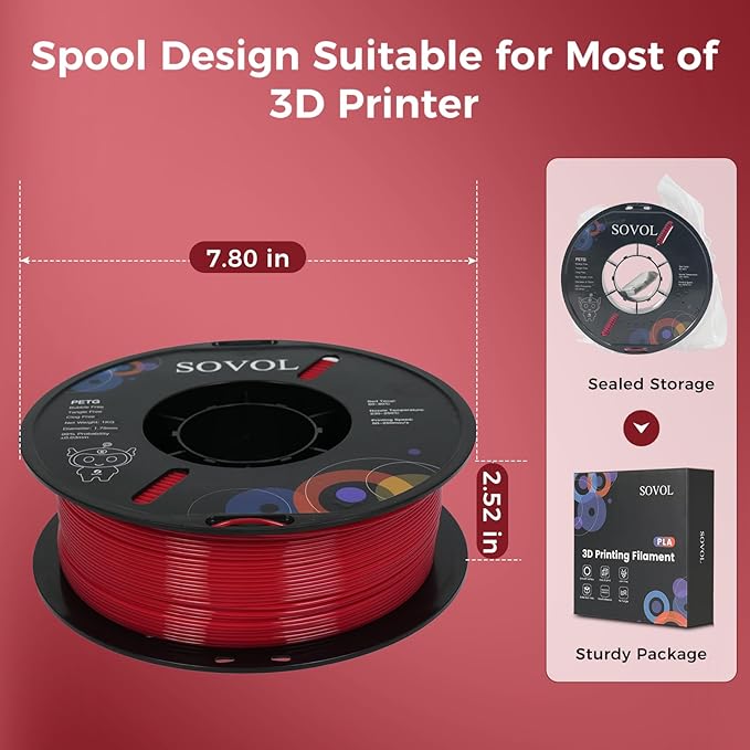 Sovol 3D Printer PETG Filament 1.75mm 1KG (2.2lbs), High Precision, Strong Toughness, Wiring Tightness, Dimensional Accuracy +/- 0.03 mm, 3D Printing PETG Filaments, Red - Image 8