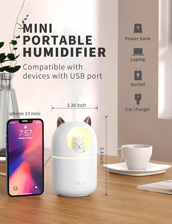 Cool Mist Humidifier,300ml Mini Humidifiers with Night Light,Waterless Auto-Off Air Humidifier,20dB Quiet Humidifiers for Bedroom,Car, Plant for Girl Boy - Image 2