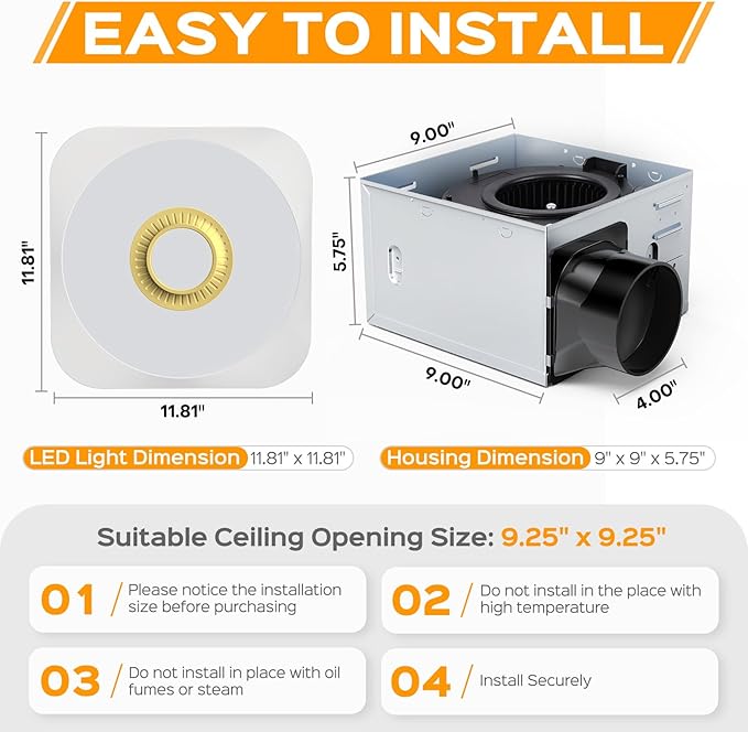 Bathroom Exhaust Fan with Light, 36W Quiet Vent Fan - 160 CFM & 1.0 Sone, 1500lm LED Light (3000K/4000K/5000K) - 5 Brightness Adjustable, 7 RGB Modes & Nightlight, Remote Control, Easy to Install - Image 8