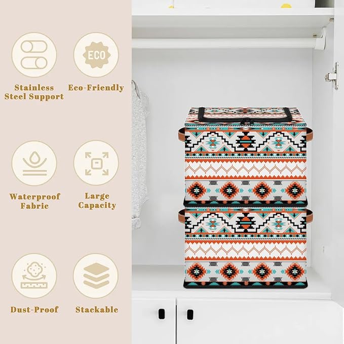 Storage Bin, Collapsible Fabric Storage Boxes with Lids for Organizing, Western Aztec Stackable Closet Organizers and Storage Cube Basket with Handle for Home, Office, Bedroom (2 PACK) - Image 3