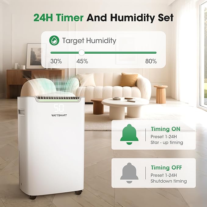 Dehumidifiers for Home with Drain Hose,75 OZ Water Tank, 4500 Sq.Ft 55 Pints Dehumidifiers for Basement, Bathroom, Bedroom, Three Modes, Smart Humidity Control, Dry Clothes, 24H Timer, White - Image 8