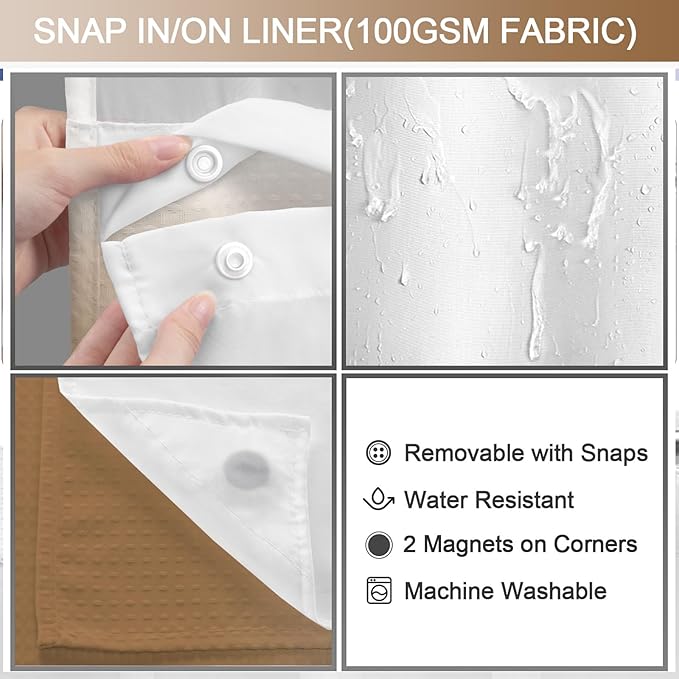 No Hook Shower Curtain and Liner Set,Ombre Beige Hotel Waffle Shower Curtain with Liner 75" L x 72" W - Image 3