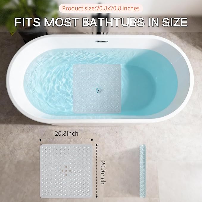 Anti-Slip Bathtub Shower mat, 20.8×20.8（Approximately 53×53cm） inch Soft Oversized Machine Washable Non-Slip Bathtub mat with Drainage Holes, Bathroom Floor Suction Cup.（1-Clear White） - Image 3