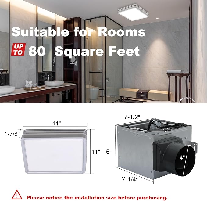 Akicon Bathroom Exhaust Fan with Shower Light, 15W Dimmable 3CCT LED with 3.5W Night Light Vent Fans, 80 CFM, 2 Sones Bath Fan Light Combo for Bathroom and Home, Square, Silver - Image 5