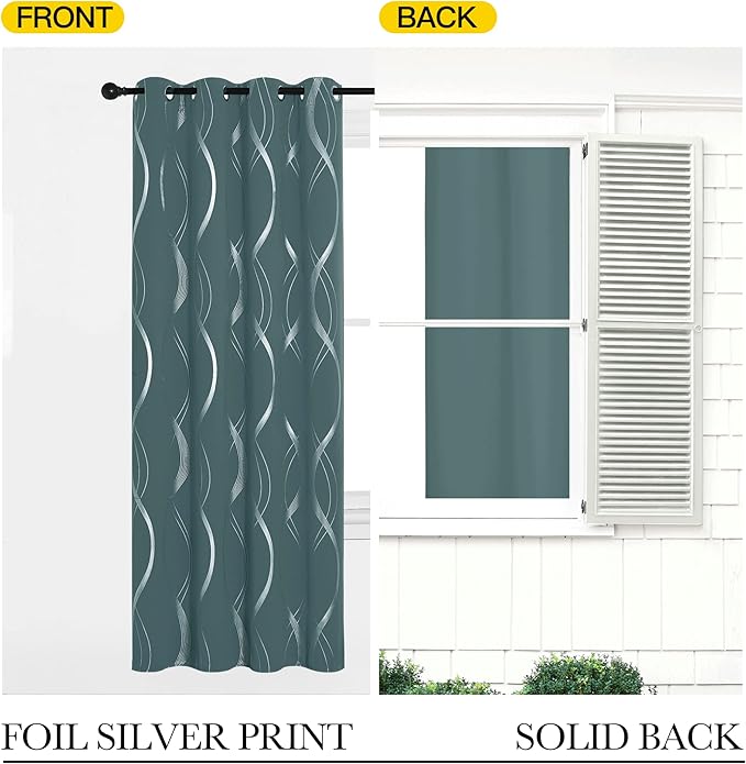 NICETOWN Blackout Curtains Panels for Living Room, Greyish Blue, 52" Wide x 84" Long, 2 Panels, Sound Reducing Thermal Insulated Wave Line Foil Print Design Curtains for Patio Sliding Glass Door - Image 6