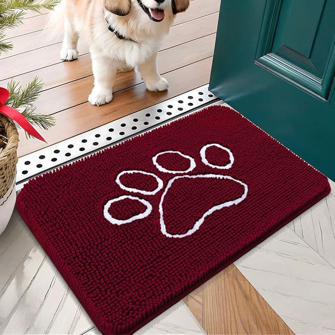 OLANLY Dog Door Mat for Muddy Paws 24x16, Paw Print Design, Absorbs Moisture and Dirt, Absorbent Non-Slip Washable Doormat, Quick Dry Chenille Mud Mat for Dogs, Entry Indoor Entryway Carpet, Burgundy by OLANLY