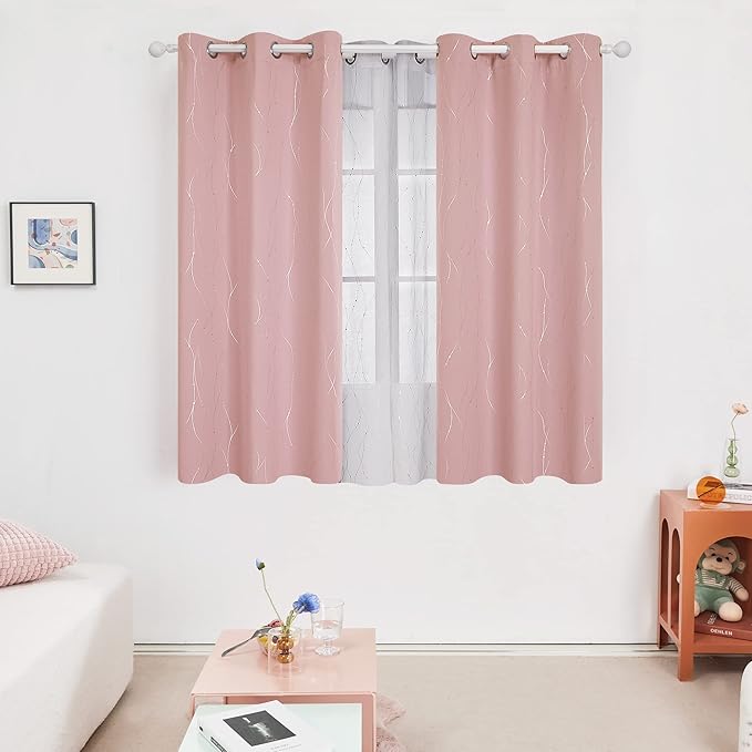 Deconovo Pink Blackout Curtains for Bedroom, Thermal Insulated Soundproof Pravicy Curtain, Silver Wave Dots Print, 42 x 63 Inch Long, Machine Washable Window Panels for Kids Room Nursery, Set of 2 - Image 2
