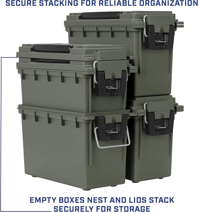 Sheffield 12791 2-Pack Ammo Storage Box, Stackable .30 Cal Field Boxes, Water and Dust Resistant, Lockable Storage Box with Handle, Secures Hunting Gear, Supplies, and Bullets, Made in USA, Green - Image 6