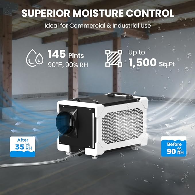 CADPXS Crawlspace Dehumidifier, 145 Pints Commercial-Grade Dehumidifier with Drain Hose for Crawl Spaces, Basements, Industrial and Water Damage Use, Large Capacity, Auto Defrost, Memory Restart, cETL - Image 7