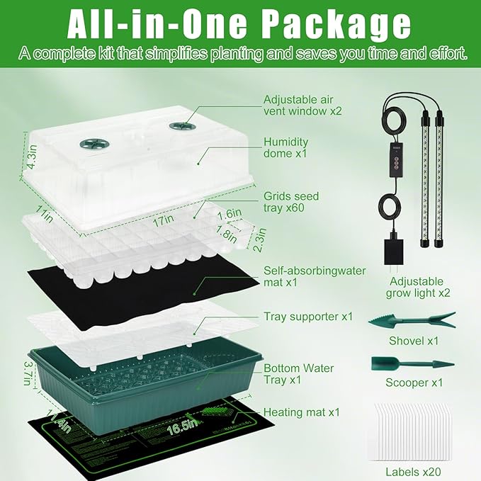 PJT Self Watering Seed Starter Tray with Grow Light & Heat Mat, 60-Cell Seed Starting Kit with 4.3” Humidity Dome for Seed Germination, Complete All-in-One Kit for Easy Seed Starting - Image 2