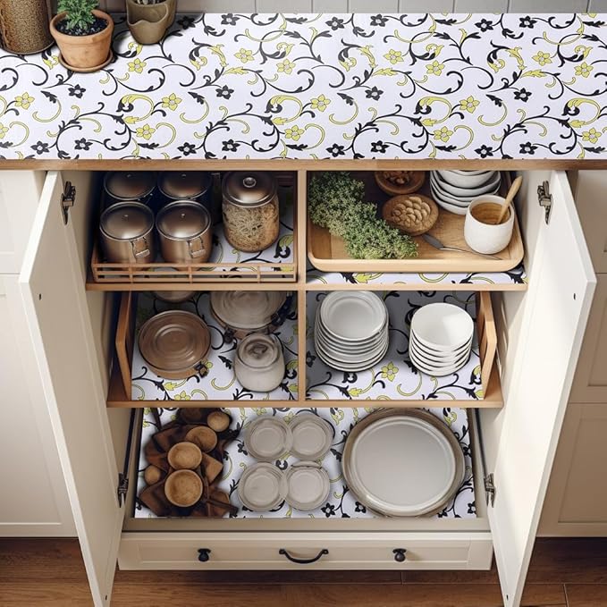 2 Rolls 18" W x 96" L Floral Drawer and Shelf Liner for Cabinets, Non-Adhesive Strong Grip Non-Slip Flower Shelf Cabinet Kitchen Shelf Liners for Kitchen Cabinets - Image 2