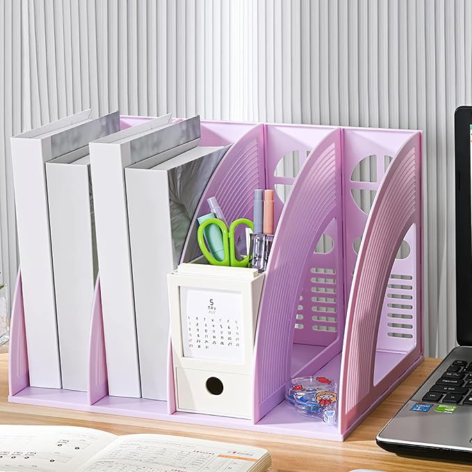 Marte Vanci Magazine File Holder Vertical PP Folder Book Desktop Organizer Plastic Storage Sturdy Vertical 4 Section Folder (Purple) - Image 6