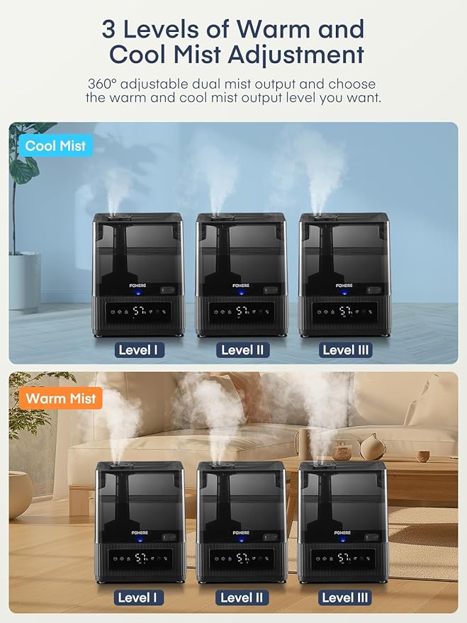 FOHERE Smart Humidifiers for Bedroom, 6L Warm and Cool Mist Quiet Humidifier with 60H Runtime, Humidity Control, Oil Diffuser, Sleep Mode, 12H Timer, Light, Top Fill Ultrasonic for Home Baby Plant - Image 7