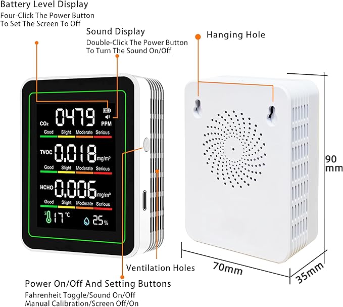 Professional Indoor Air Quality Monitor, 5 in 1 Portable Smartair Quality Tester for CO2 | TVOC | HCHO | Temp | Hum for Home, Cars, Hotel, Office, Plants and Pets ect - Image 7