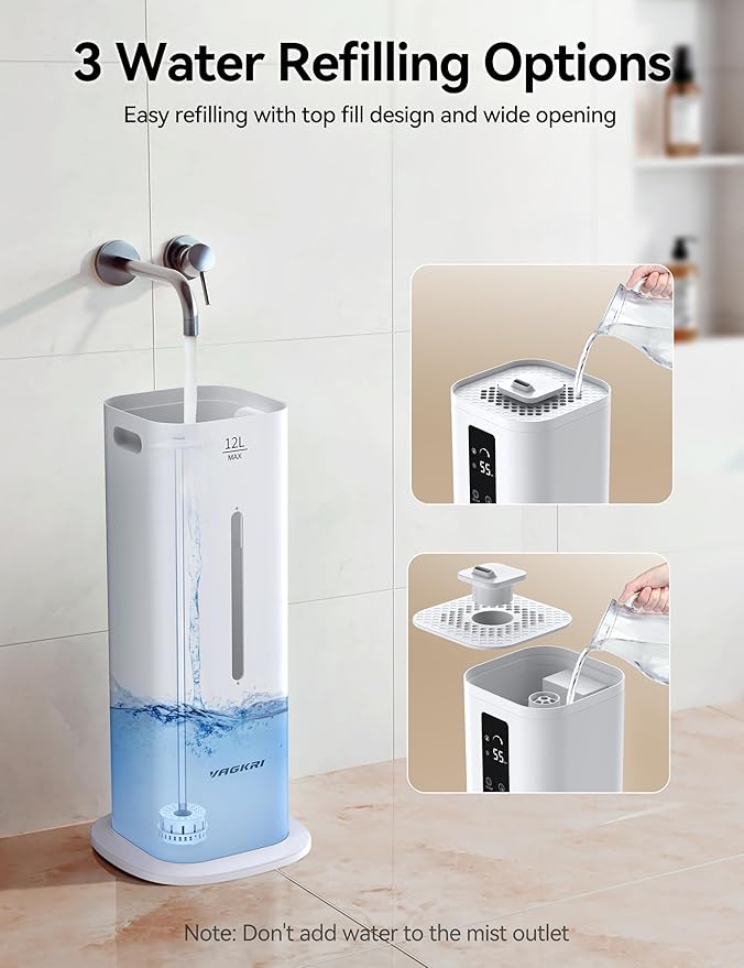 VAGKRI 12L Humidifiers for Large Room, Last 120 Hours, Cover up to 1000ft², Top Fill Ultrasonic Cool Mist Humidifier, 3 Mist Level, 24H Timer, Essential Oil Diffuser Humidifiers For Bedroom, Home - Image 6