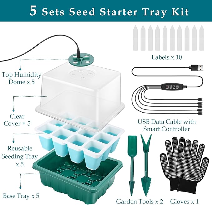 Seed Starter Tray with Grow Light, 60 Flexible Cells 5 PCS Seed Starter Kit, Reusable Seedling Starter Trays with Humidity Dome and High Lid, Germination Trays for Indoor Greenhouse Seed Starter - Image 7