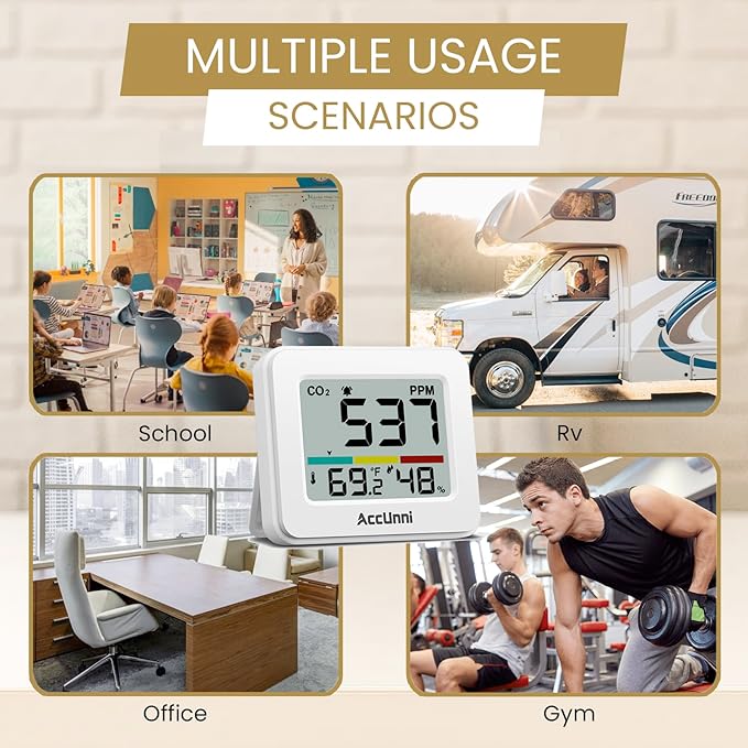 CO2 Monitor Air Quality Monitor Indoor Battery Powered, Carbon Dioxide Detector, Portable Temperature Humidity Meter, CO2 Alarm for Home, Hotel, Cars, Office or School - Image 5