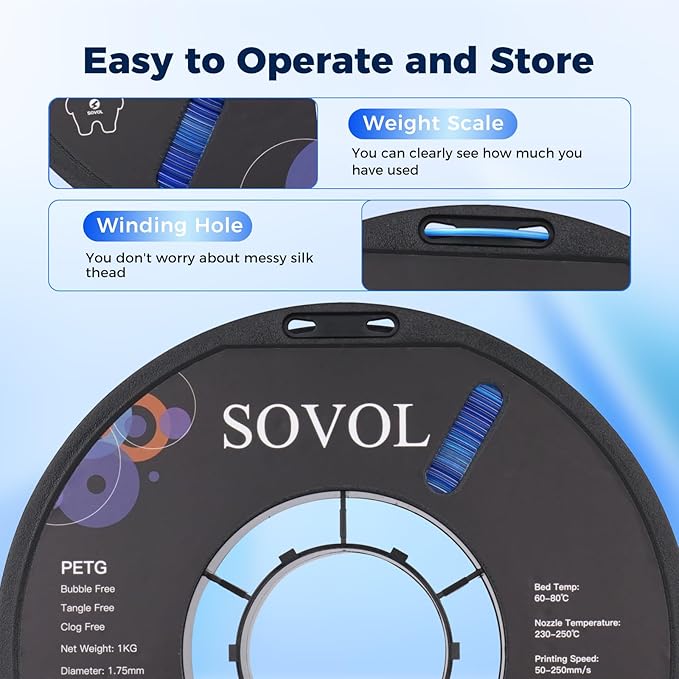 Sovol 3D Printer PETG Filament 1.75mm, Gradient Multicolors Filaments Material, 1kg (2.2lbs), Dimensional Accuracy +/- 0.03 mm, Fit Most FDM Printer, Blue - Image 7