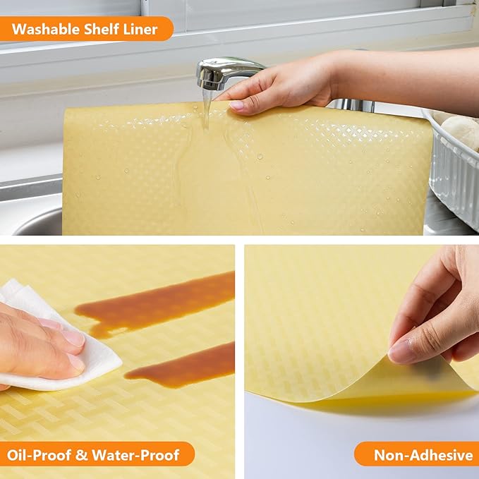 Shelf Liners for Kitchen Cabinets Refrigerator Liners Waterproof Kitchen Cupboard Liner Non Adhesive Drawer Mats EVA Material Fridge Liner for Shelves - Yellow Beige 17.5 x 393.7 Inches - Image 4